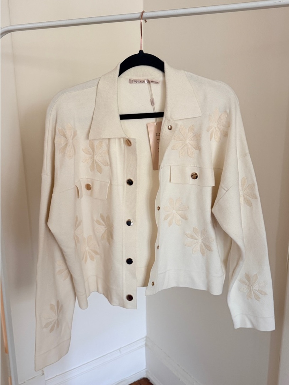 ESQUALO Cream Knit Button Cardigan with Subtle Floral Detail